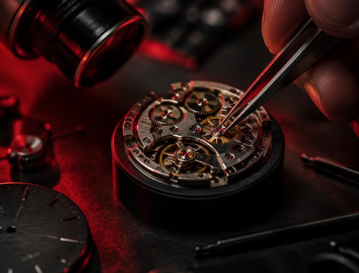 Watchmaker assembling a mechanical movement